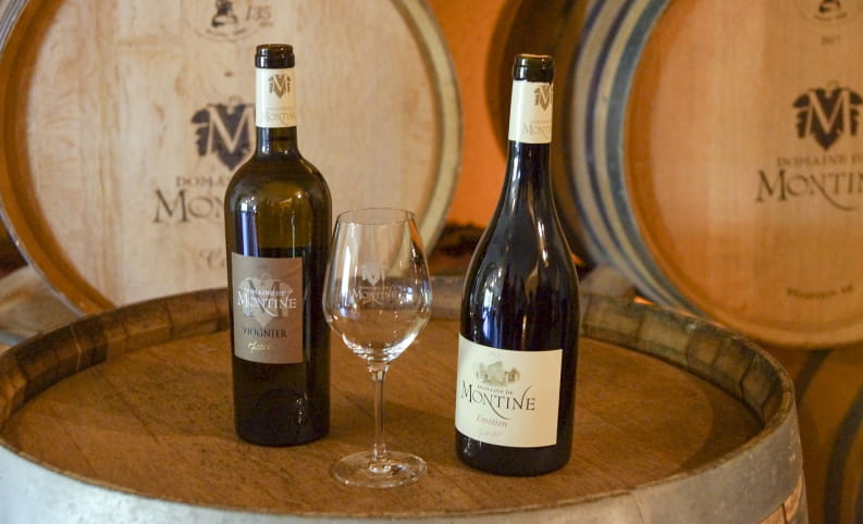 2 bouteilles de vin et un verre devant des fûts en chêne